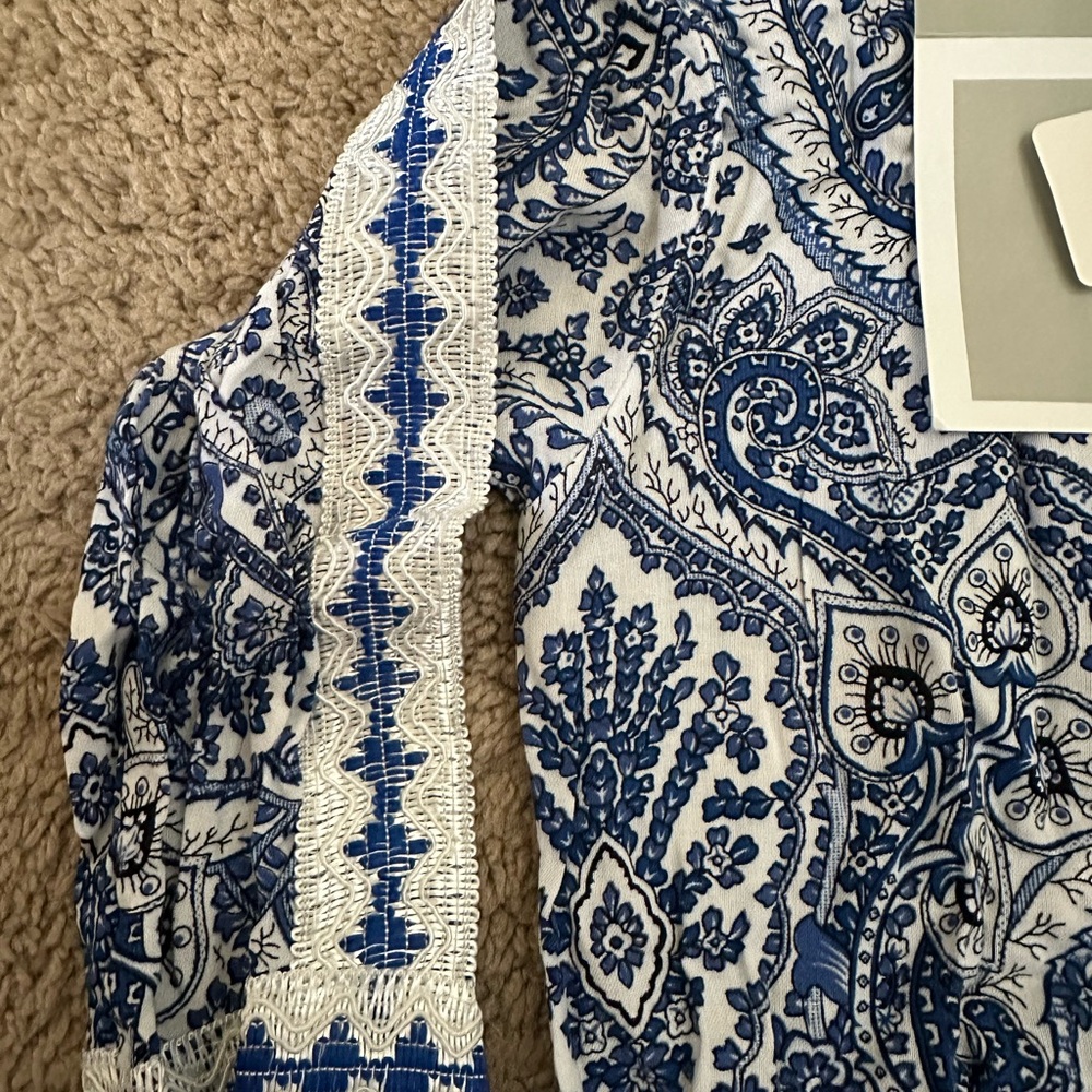 Blue and White Paisley Top with Lace Detail